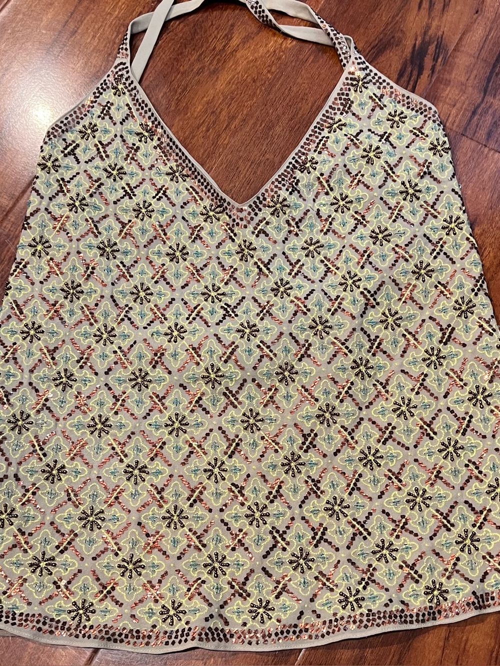 DKNY Beaded Halter Tank Top in Cream with Multicolor Embellishment.